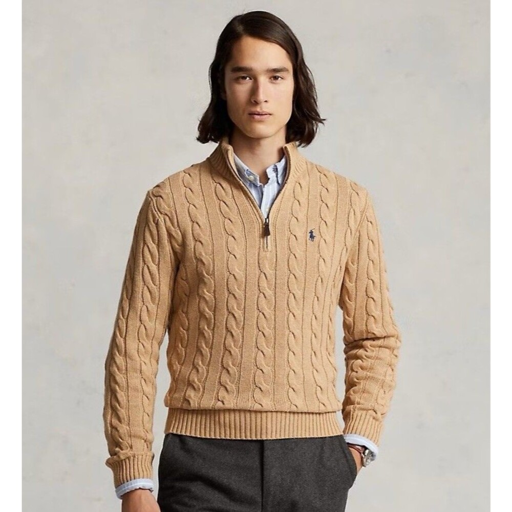 Polo Ralph Lauren Men’s Cable Knit Cotton Quarter Zip Sweater Camel Melange XLT